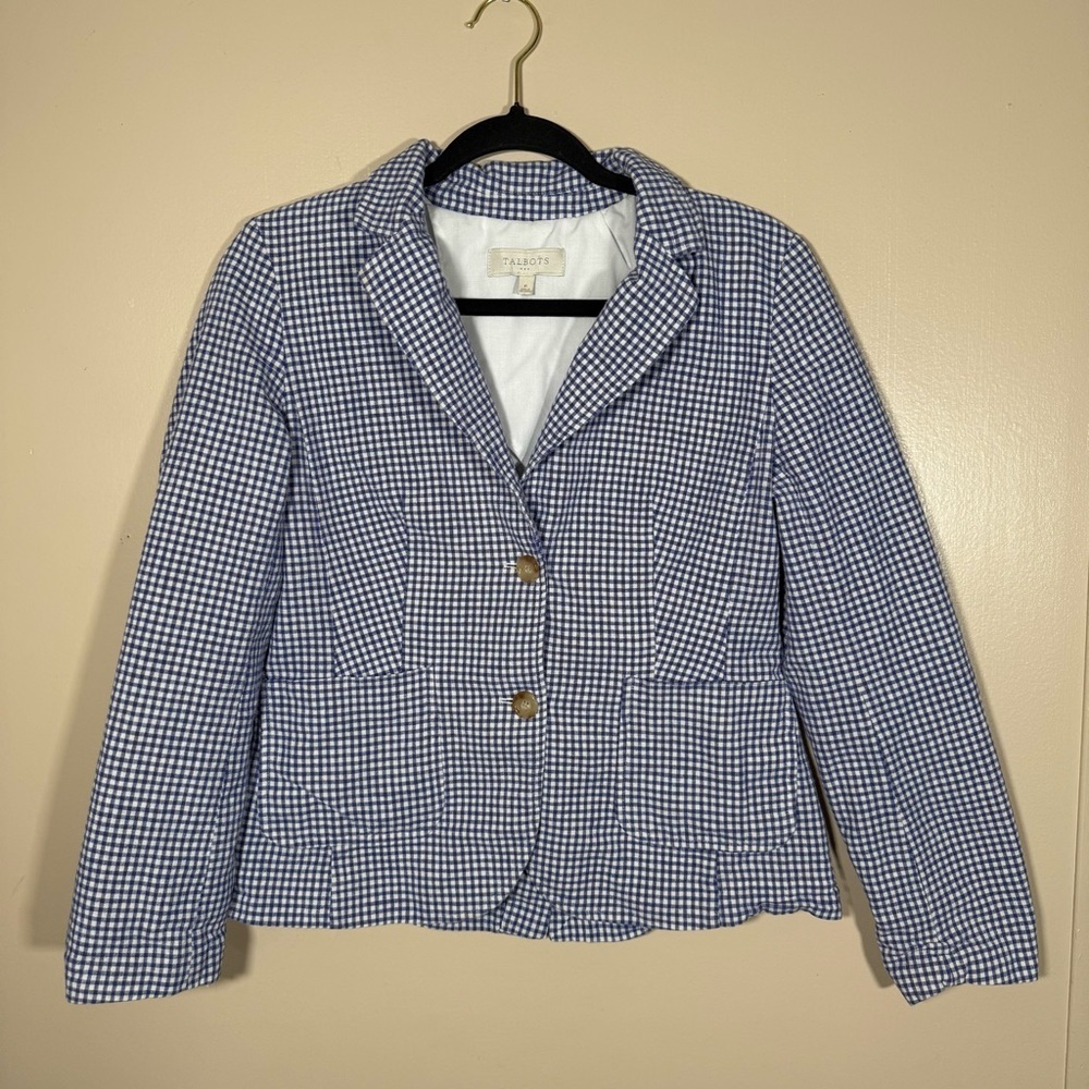Talbots Blue and White Gingham Linen Blend 2 Button Blazer Size 6